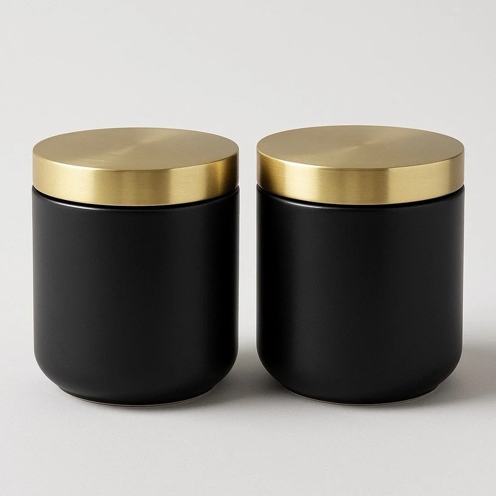 Z Gallerie Multi Use Storage Duo Set of 2 Ceramic Canisters Gold Metal Lids